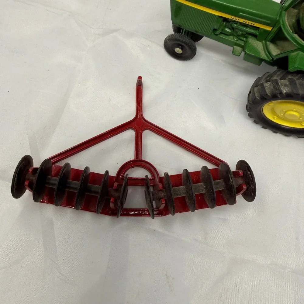 John Deere Diecast Metal Tractor with Red Disc Harrow Attachment Vintage Toy